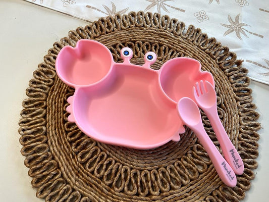 Kids Silicone Crab Plate with cutlery set Pink